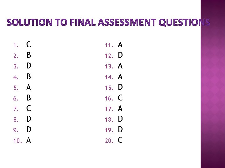 SOLUTION TO FINAL ASSESSMENT QUESTIONS 1. 2. 3. 4. 5. 6. 7. 8. 9.
