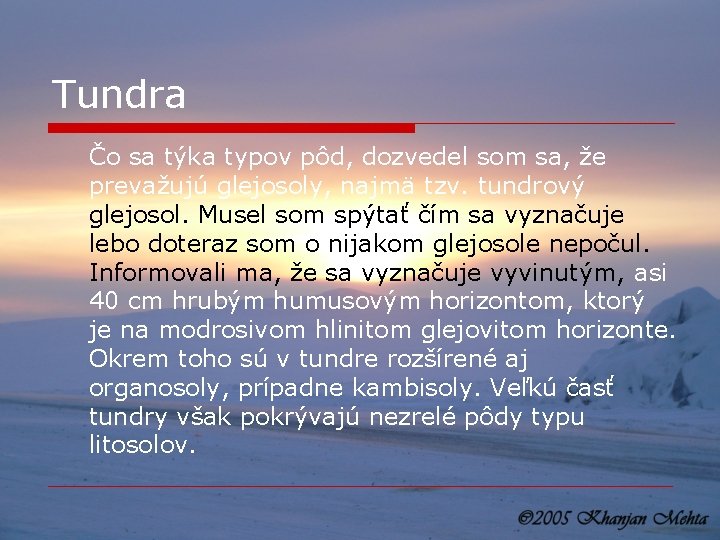 Tundra Čo sa týka typov pôd, dozvedel som sa, že prevažujú glejosoly, najmä tzv.