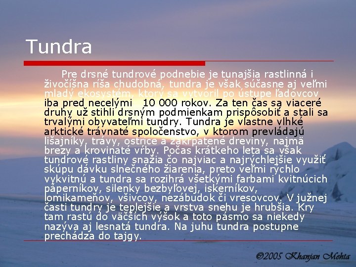 Tundra Pre drsné tundrové podnebie je tunajšia rastlinná i živočíšna ríša chudobná, tundra je