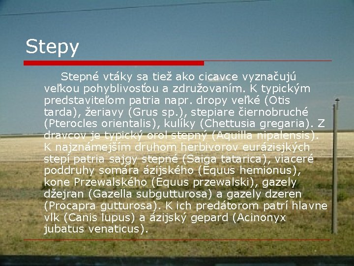 Stepy Stepné vtáky sa tiež ako cicavce vyznačujú veľkou pohyblivosťou a združovaním. K typickým