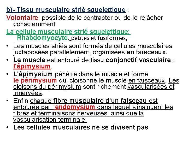 b)- Tissu musculaire strié squelettique : Volontaire: possible de le contracter ou de le