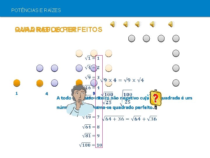 POTÊNCIAS E RAÍZES QUADRADOS PERFEITOS PARA REFLECTIR 1 4 9 16 A todo o