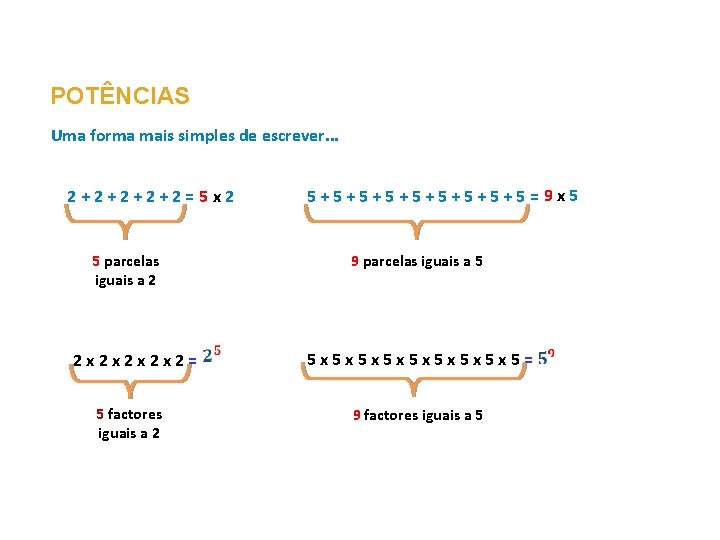 POTÊNCIAS E RAÍZES POTÊNCIAS Uma forma mais simples de escrever. . . 2+2+2=5 x