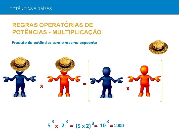 POTÊNCIAS E RAÍZES REGRAS OPERATÓRIAS DE POTÊNCIAS - MULTIPLICAÇÃO Produto de potências com o