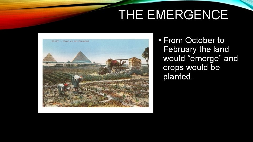 THE EMERGENCE • From October to February the land would “emerge” and crops would