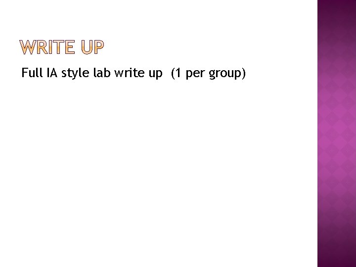 Full IA style lab write up (1 per group) 