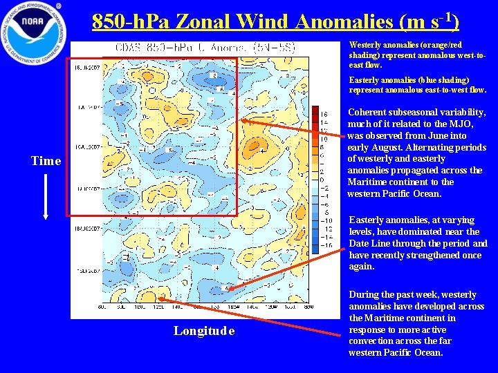 850 -h. Pa Zonal Wind Anomalies (m s-1) Westerly anomalies (orange/red shading) represent anomalous