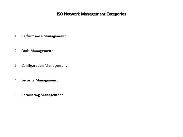 ISO Network Management Categories 1. Performance Management 2. Fault Management 3. Configuration Management 4.