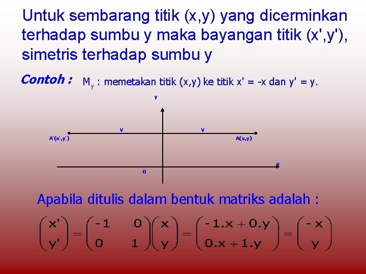 Untuk sembarang titik (x, y) yang dicerminkan terhadap sumbu y maka bayangan titik (x',