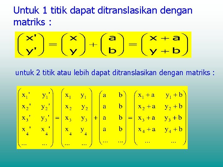 Untuk 1 titik dapat ditranslasikan dengan matriks : untuk 2 titik atau lebih dapat