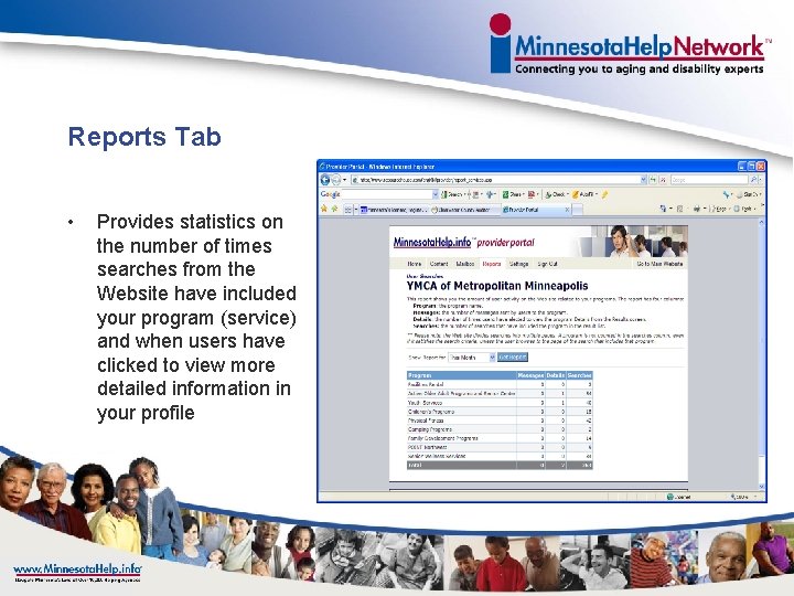 Reports Tab • Provides statistics on the number of times searches from the Website