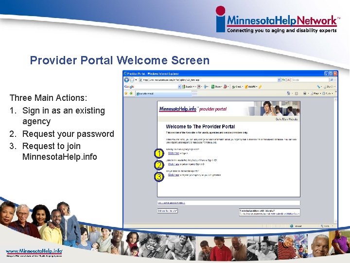 Provider Portal Welcome Screen Three Main Actions: 1. Sign in as an existing agency