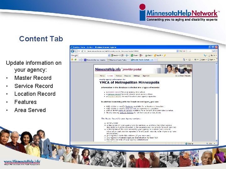 Content Tab Update information on your agency: • Master Record • Service Record •