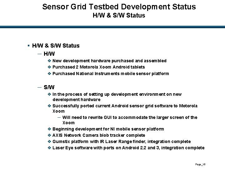 Sensor Grid Testbed Development Status H/W & S/W Status § H/W & S/W Status