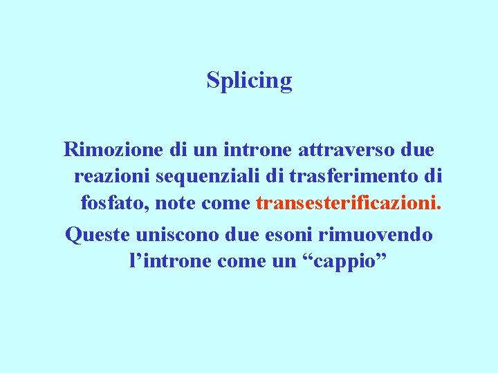 Splicing Rimozione di un introne attraverso due reazioni sequenziali di trasferimento di fosfato, note