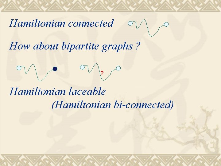 Hamiltonian connected How about bipartite graphs ? ? Hamiltonian laceable (Hamiltonian bi-connected) 