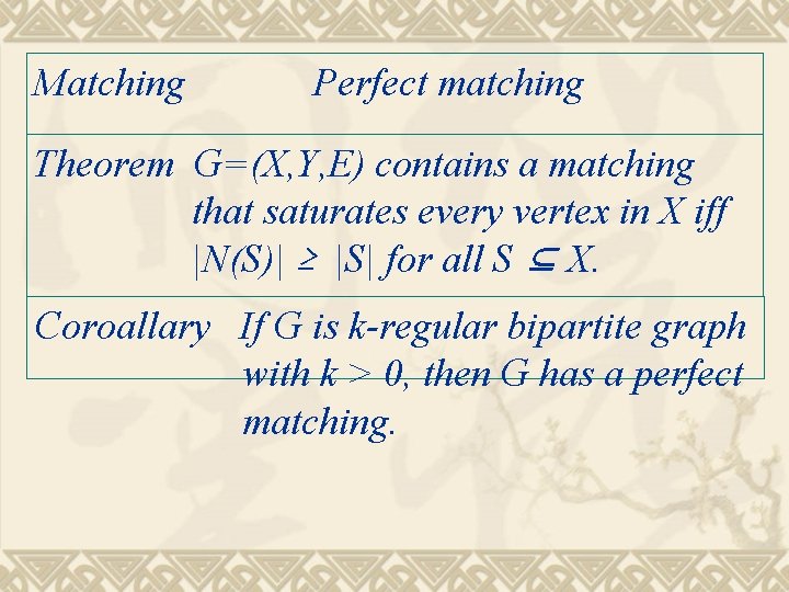 Matching Perfect matching Theorem G=(X, Y, E) contains a matching that saturates every vertex