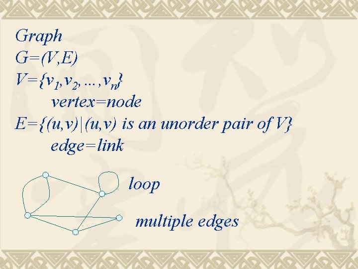 Graph G=(V, E) V={v 1, v 2, …, vn} vertex=node E={(u, v)|(u, v) is
