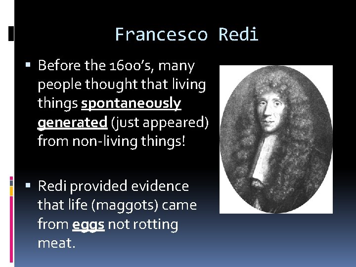 Francesco Redi Before the 1600’s, many people thought that living things spontaneously generated (just