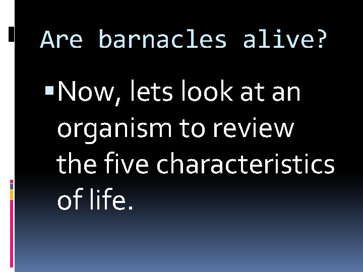 Are barnacles alive? Now, lets look at an organism to review the five characteristics