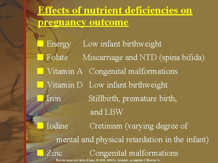 Effects of nutrient deficiencies on pregnancy outcome n Energy Low infant birthweight n Folate