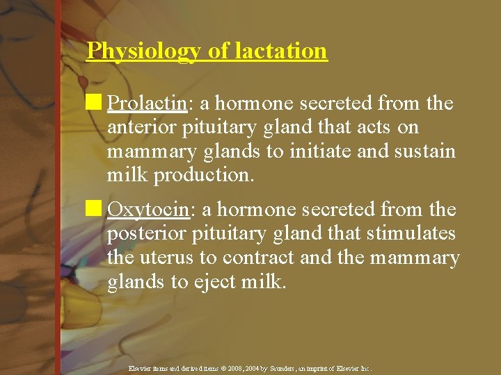 Physiology of lactation n Prolactin: a hormone secreted from the anterior pituitary gland that