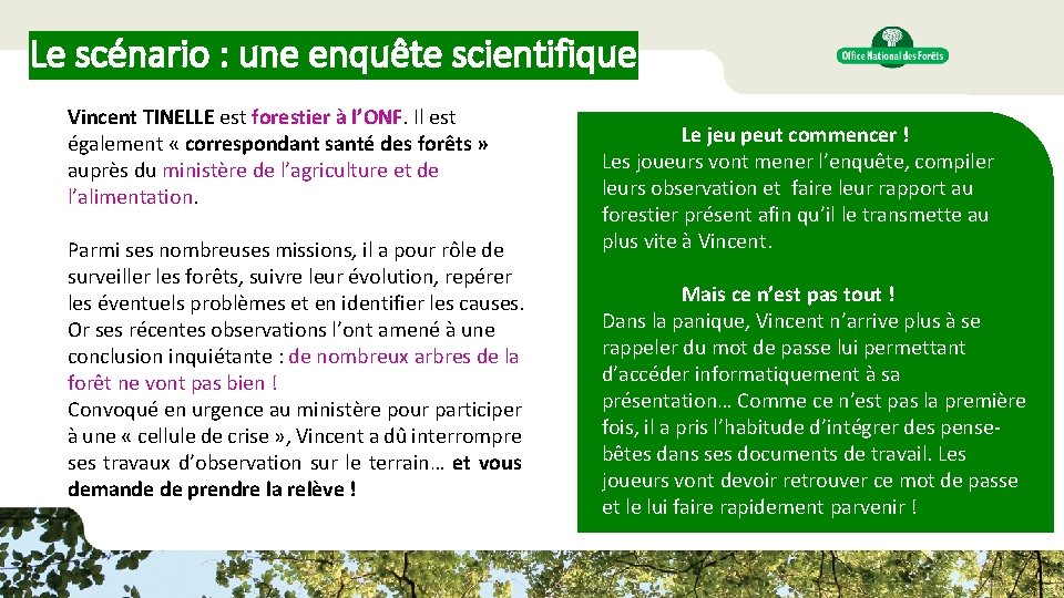 Le scénario : une enquête scientifique Vincent TINELLE est forestier à l’ONF. Il est