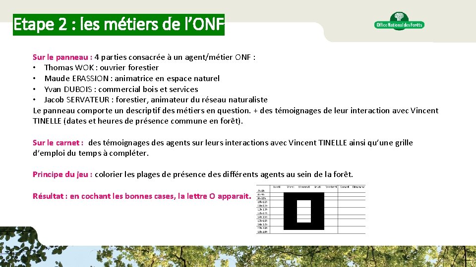 Etape 2 : les métiers de l’ONF Sur le panneau : 4 parties consacrée