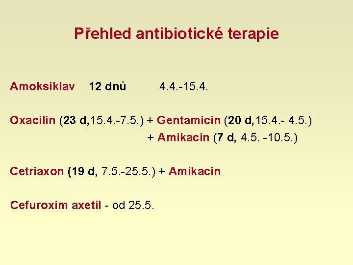 Přehled antibiotické terapie Amoksiklav 12 dnů 4. 4. -15. 4. Oxacilin (23 d, 15.