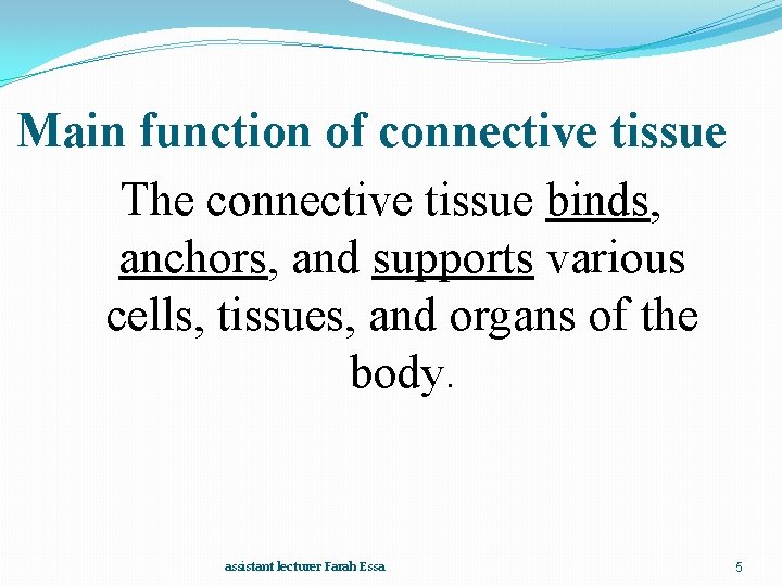 Main function of connective tissue The connective tissue binds, anchors, and supports various cells,