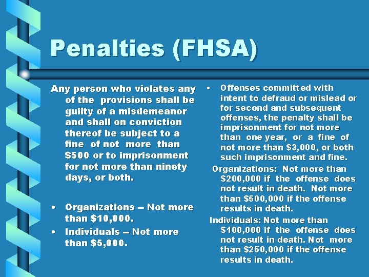 Penalties (FHSA) Any person who violates any of the provisions shall be guilty of