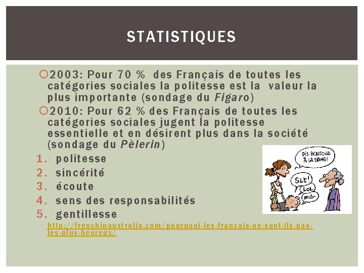 STATISTIQUES 2003: Pour 70 % des Français de toutes les catégories sociales la politesse