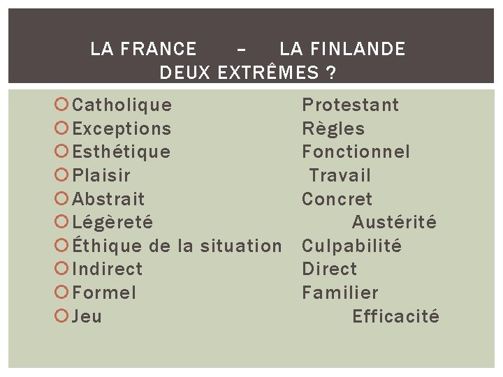 LA FRANCE – LA FINLANDE DEUX EXTRÊMES ? Catholique Protestant Exceptions Règles Esthétique Fonctionnel