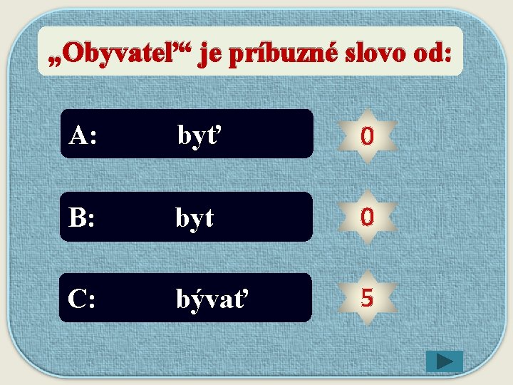 „Obyvateľ“ je príbuzné slovo od: 5 0 10 5 30 20 10 byt 5