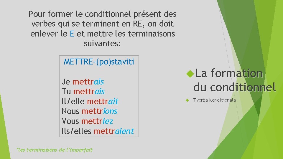 Pour former le conditionnel présent des verbes qui se terminent en RE, on doit