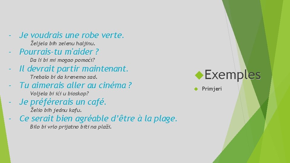 ‐ Je voudrais une robe verte. Željela bih zelenu haljinu. ‐ Pourrais-tu m'aider ?