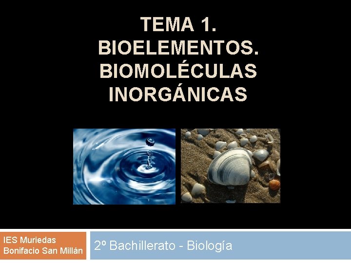 TEMA 1. BIOELEMENTOS. BIOMOLÉCULAS INORGÁNICAS IES Muriedas Bonifacio San Millán 2º Bachillerato - Biología