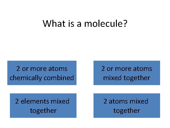What is a molecule? 2 or more atoms chemically combined 2 or more atoms