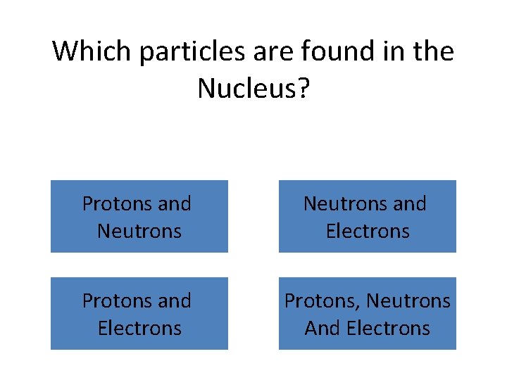 Which particles are found in the Nucleus? Protons and Neutrons and Electrons Protons, Neutrons