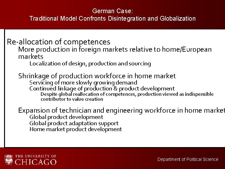 German Case: Traditional Model Confronts Disintegration and Globalization Re-allocation of competences More production in
