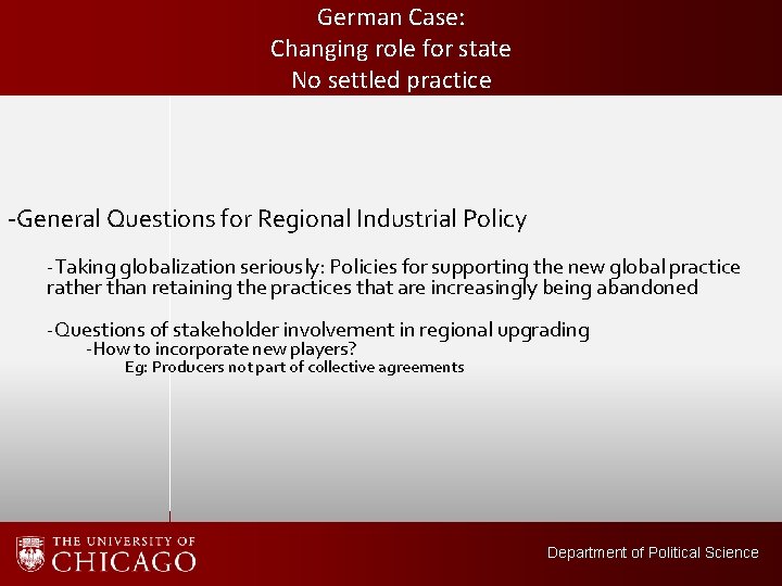German Case: Changing role for state No settled practice -General Questions for Regional Industrial
