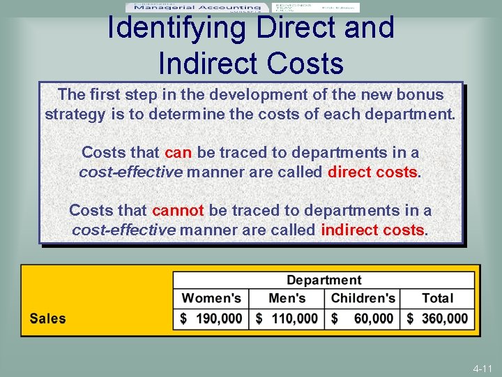 Identifying Direct and Indirect Costs The first step in the development of the new