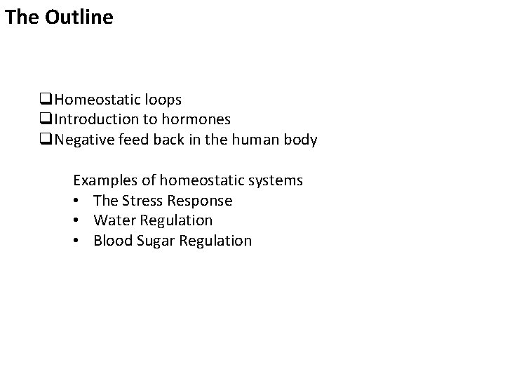 The Outline q. Homeostatic loops q. Introduction to hormones q. Negative feed back in