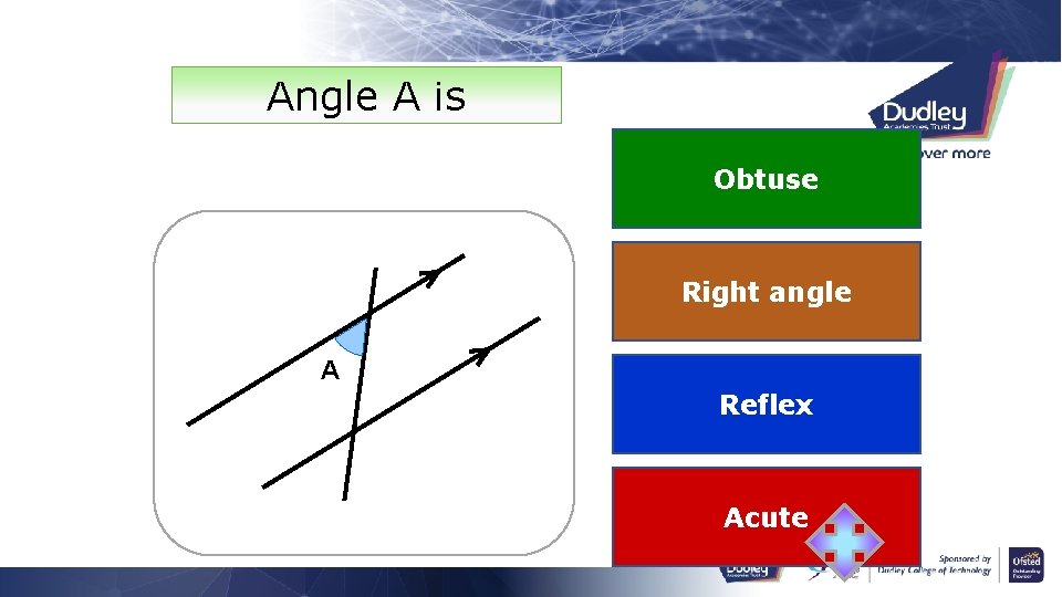 Angle A is Obtuse Right angle A Reflex Acute 