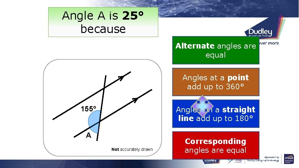 Angle A is 25° because Alternate angles are equal Angles at a point add