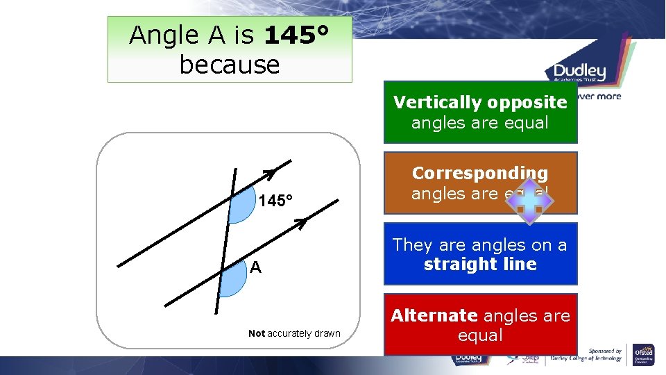 Angle A is 145° because Vertically opposite angles are equal 145° A Not accurately