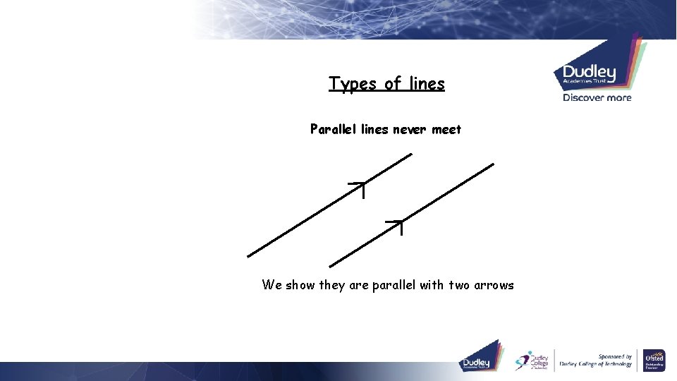Types of lines Parallel lines never meet We show they are parallel with two