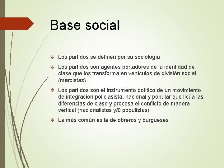 Base social Los partidos se definen por su sociología Los partidos son agentes portadores