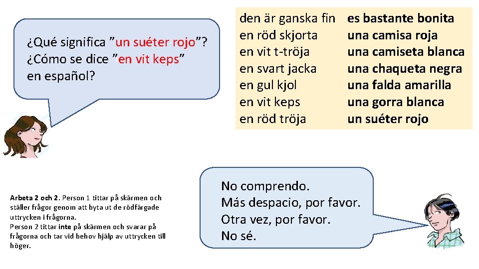 ¿Qué significa ”un suéter rojo”? t ¿Cómo se dice ”en vit keps” en español?