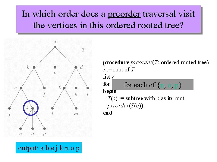 In which order does a preorder traversal visit the vertices in this ordered rooted